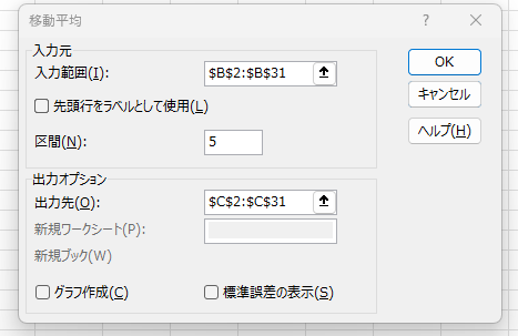 移動平均のダイアログに必要事項を入力している画像