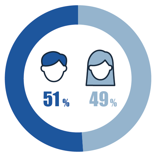 性別（男性51％、女性49％）