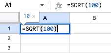 エクセルに＝SQRT(100)を入力している画像