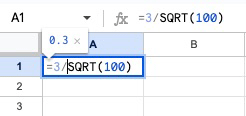 エクセルに＝3/SQRT(100)を入力している画像