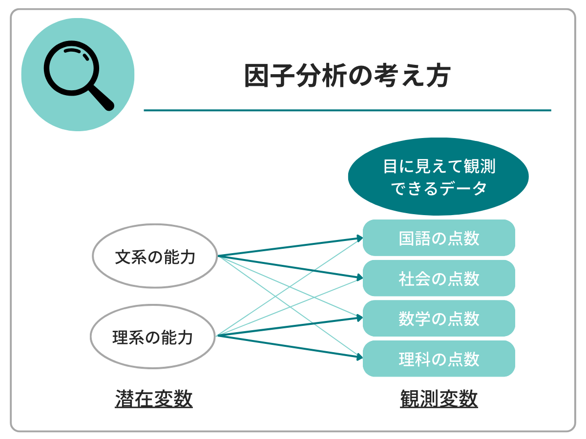 因子分析の考え方｜文系の能力→国語の点数、社会の点数｜理系の能力→数学の点数、理科の点数